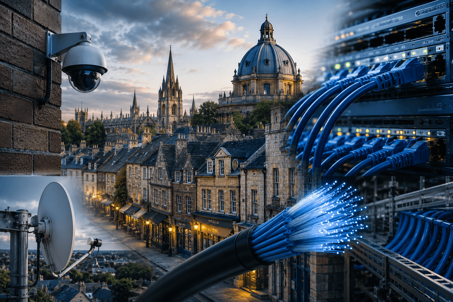 Oxford skyline with CCTV, satellite, fibre optic and network cabling systems